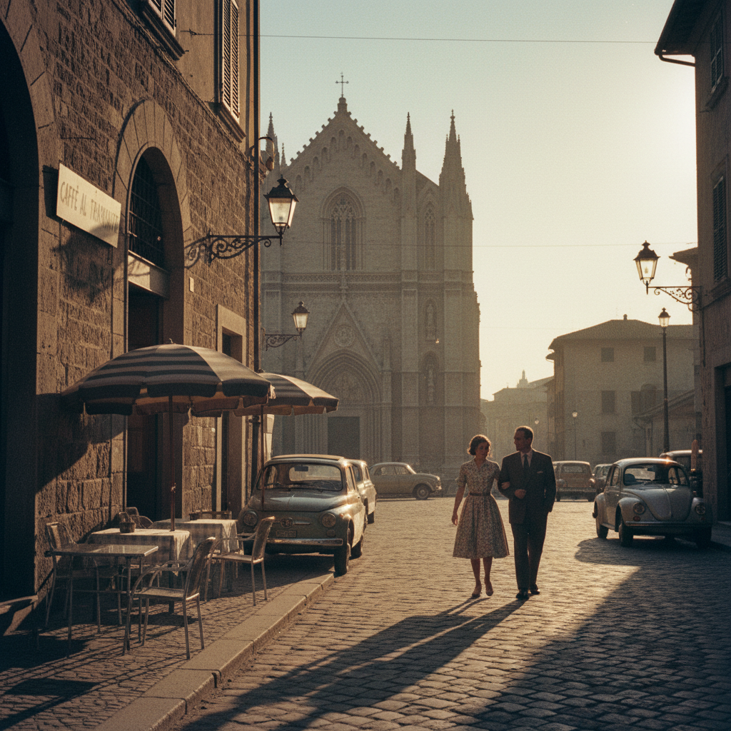 AI vintage photo generator 1960s European cobblestone street travel photo with warm golden hour film tones and 35mm grain