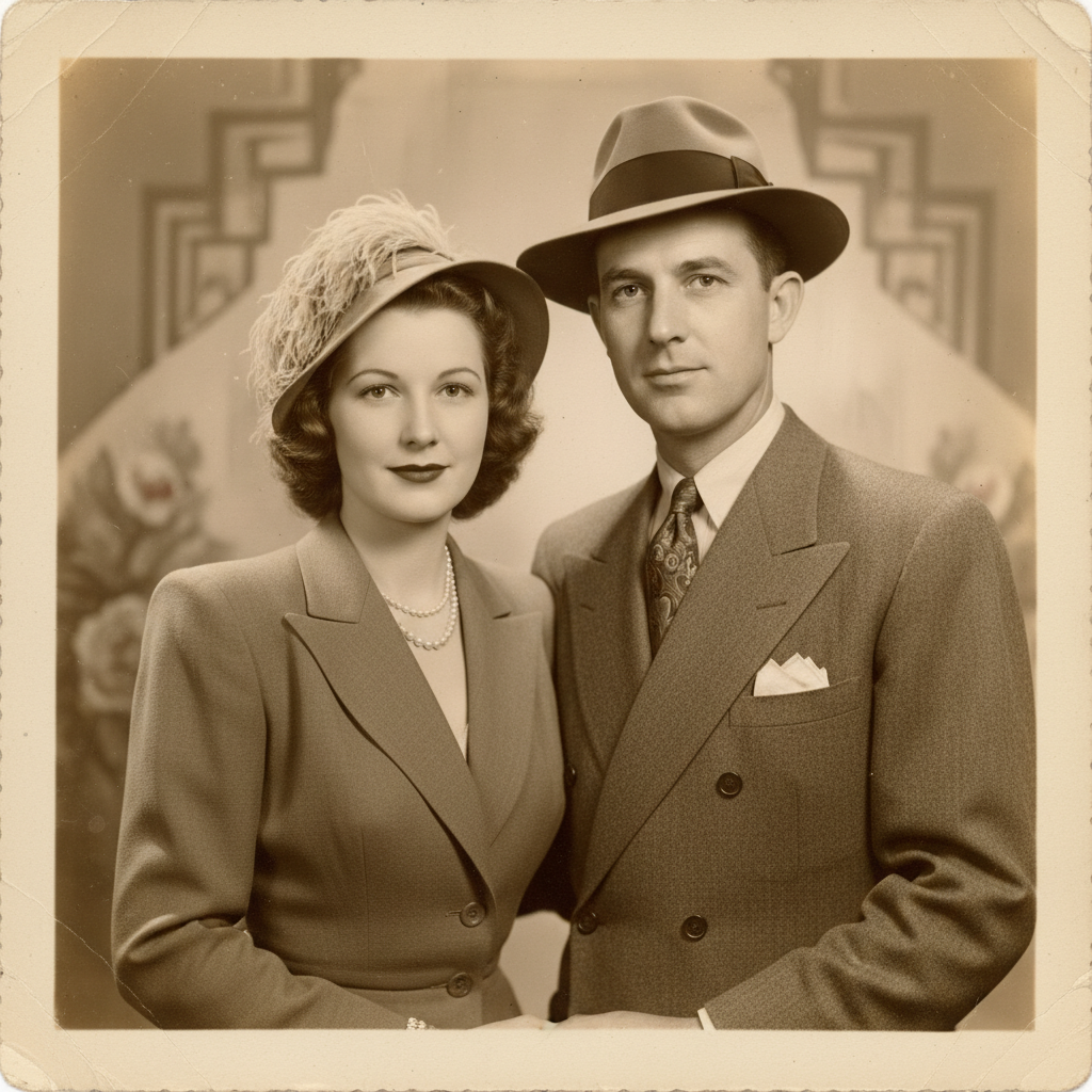 AI vintage photo generator 1940s Hollywood glamour portrait with soft sepia and cream tones, classic studio lighting and film grain