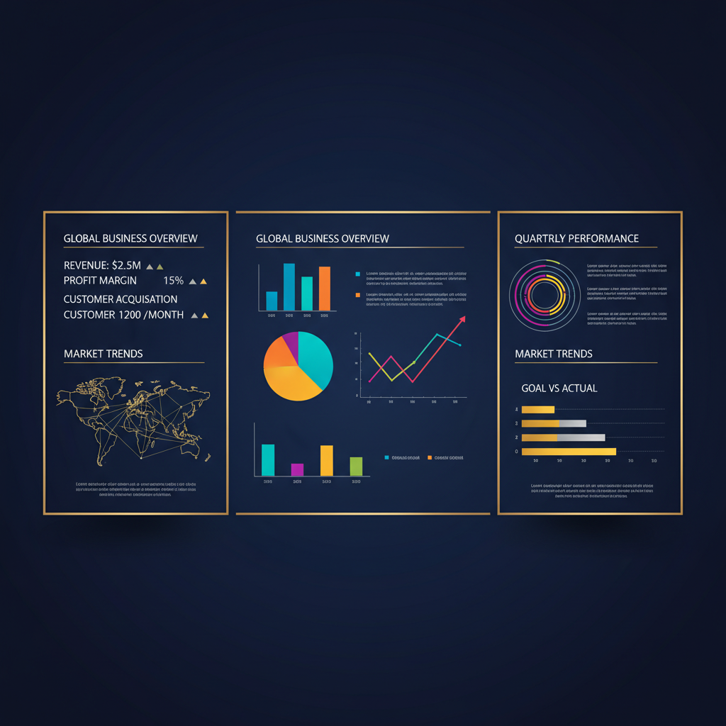 AI business graphics generator output — professional infographic with colorful charts, KPI metrics and data visualization on dark navy with gold accents