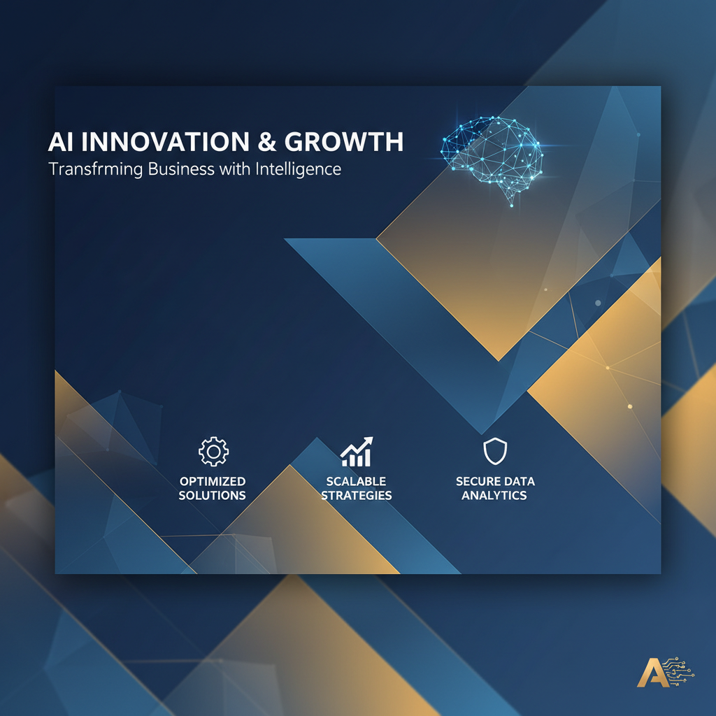 AI business graphics generator corporate presentation slide with abstract geometric shapes and gradient blue and gold colors