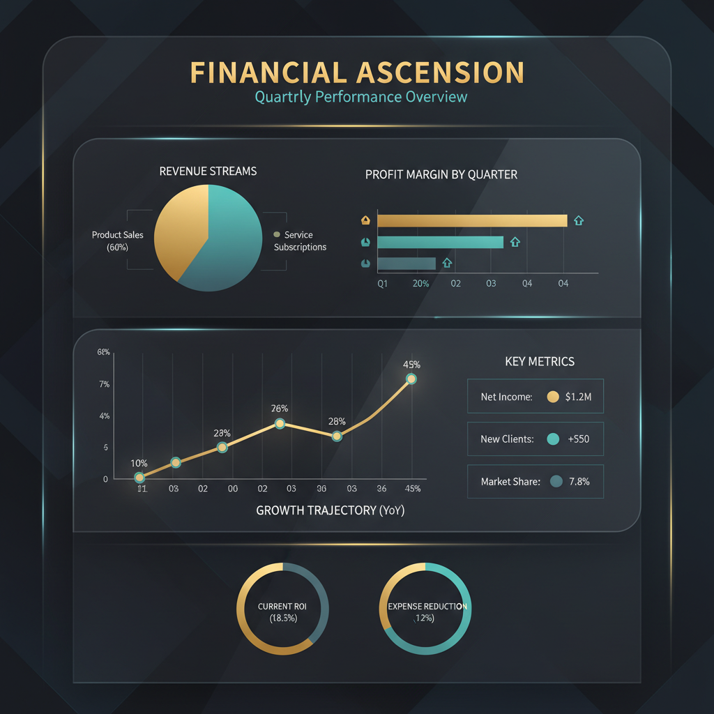 AI business graphics generator analytics dashboard with pie charts, bar graphs and financial growth metrics in dark theme