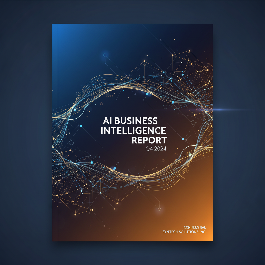 AI business graphics generator company report cover with abstract waves, geometric patterns and premium navy and amber gradient