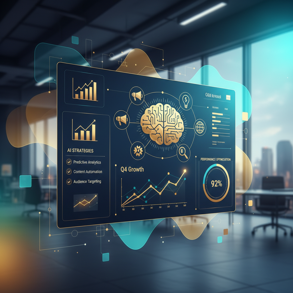 AI business graphics generator marketing graphic with stylized business icons, dashboard interface and gold and blue palette