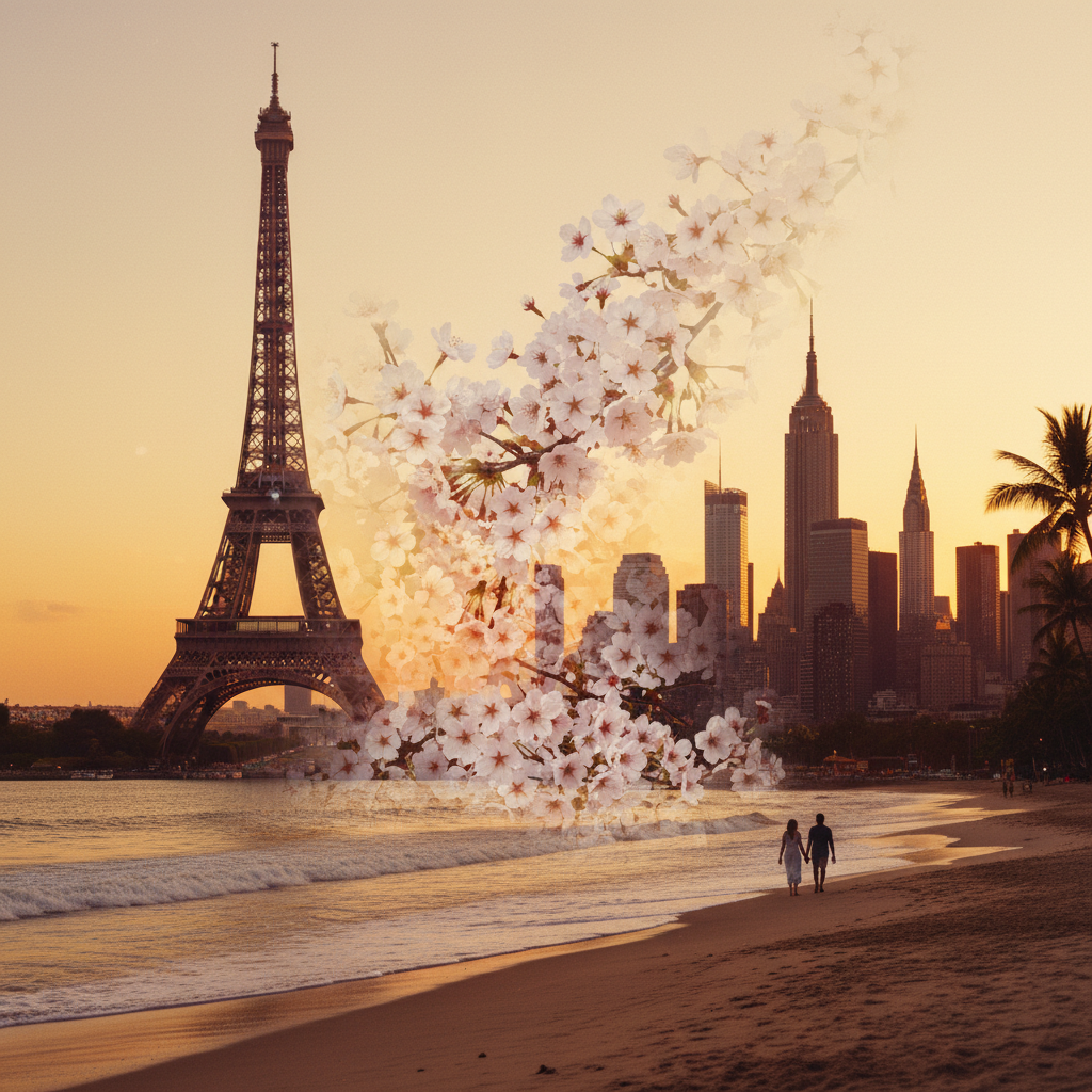 AI photo montage maker output — travel photo collage with Eiffel Tower, Tokyo cherry blossoms, New York skyline and Bali beach blended with golden sunset color grading