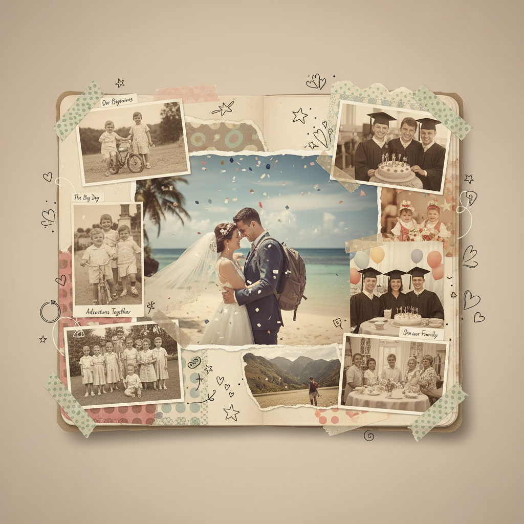 AI photo collage tool family timeline montage with childhood photos, wedding moments and vacation snapshots in warm vintage scrapbook composition