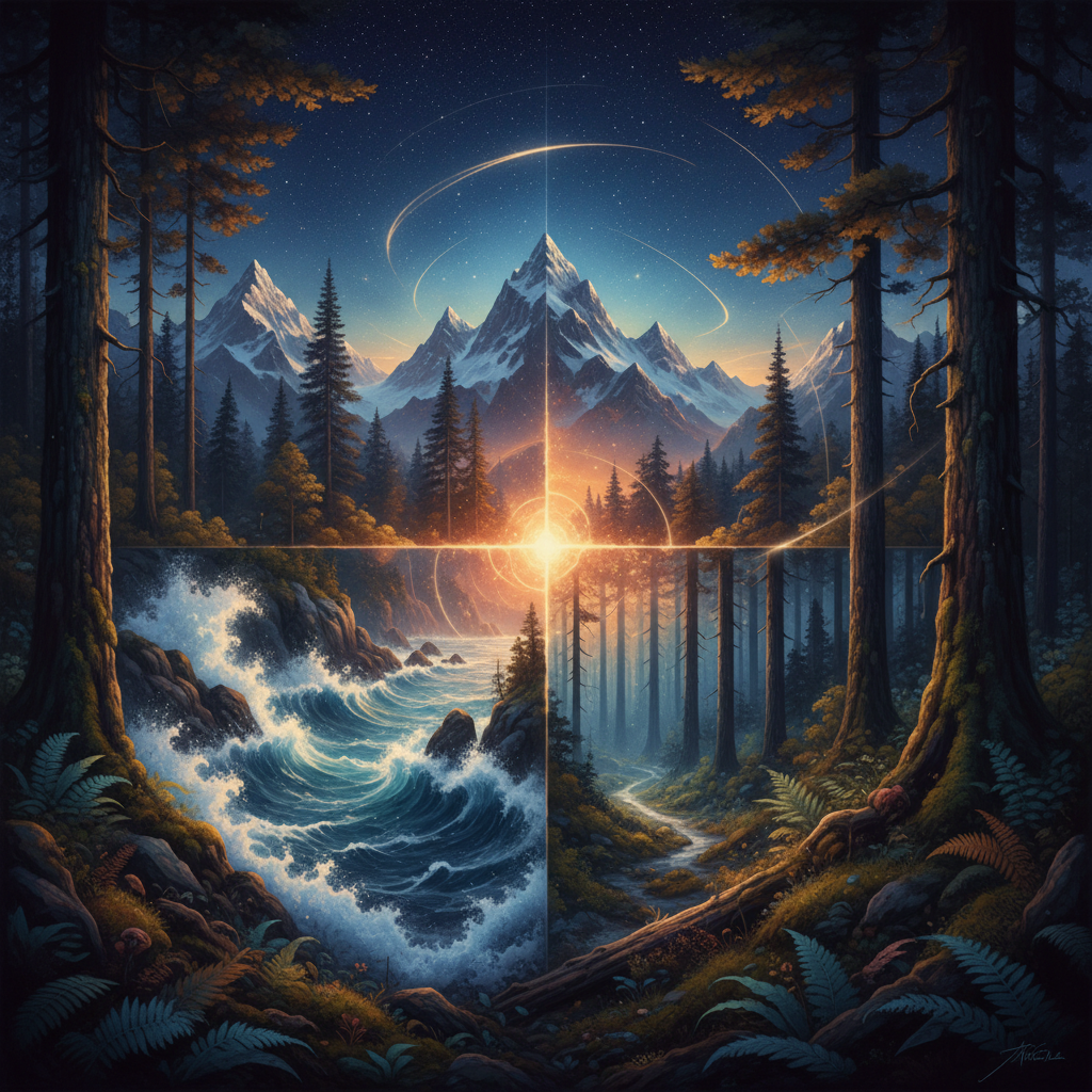 Photo montage generator artistic nature composite with forest, ocean, mountains and starry sky merged in dreamlike double exposure with deep blue and amber palette