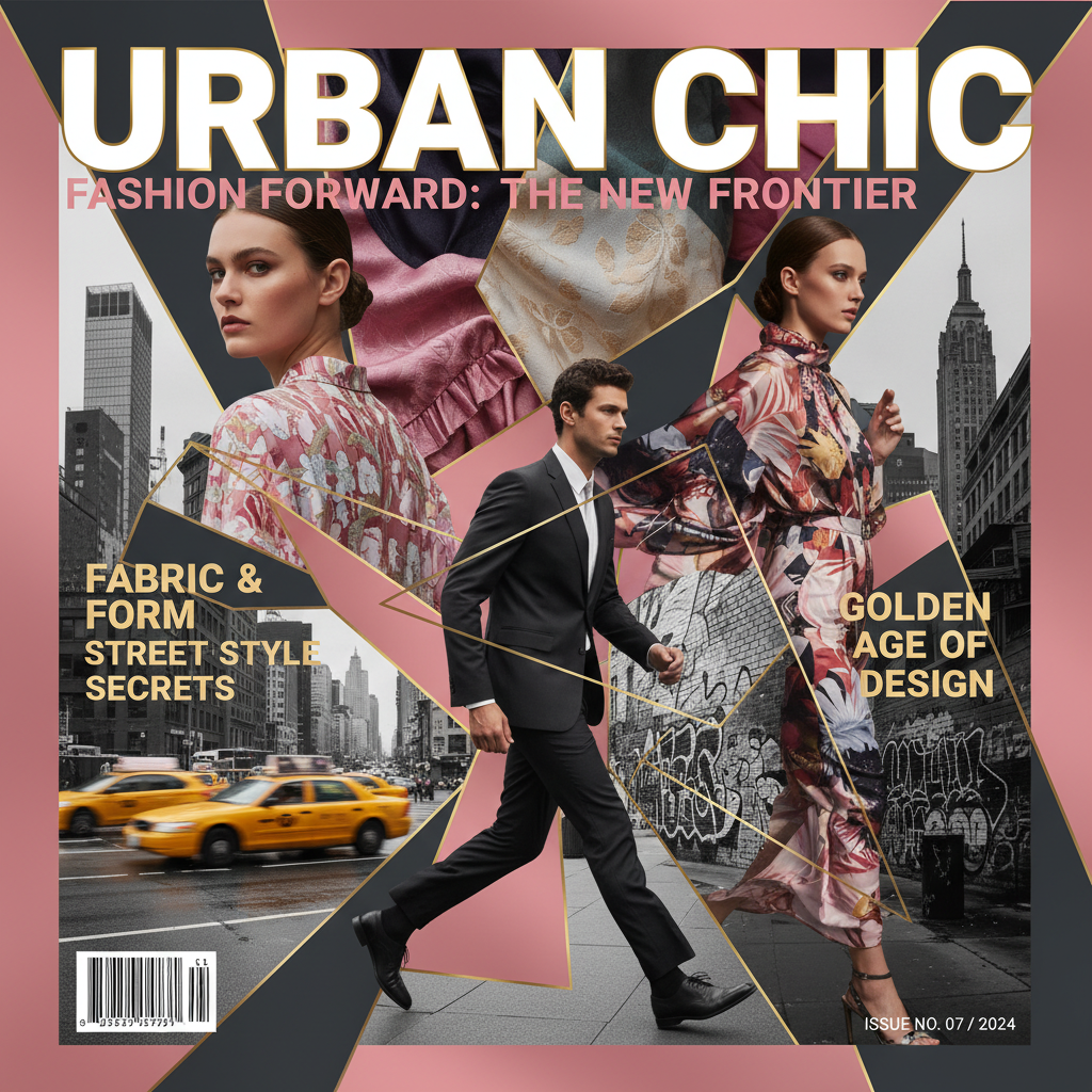 AI photo montage maker fashion editorial collage with model portraits, fabric textures and urban scenes in magazine cover composition with pink and gold accents
