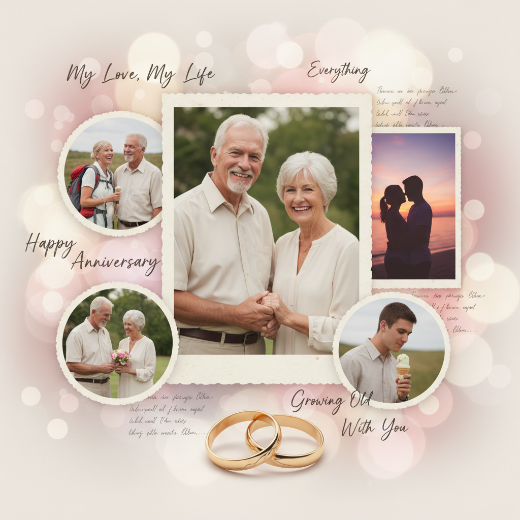 AI photo montage maker romantic anniversary collage with couple portraits, wedding rings and sunset silhouettes blended with soft pastel pink and cream tones