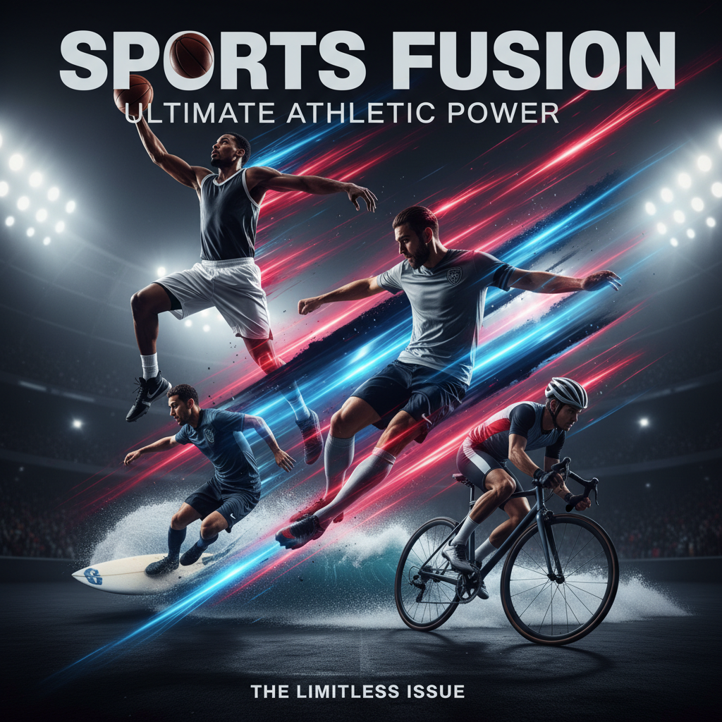 AI image collage of sports highlights with basketball, soccer, surfing and cycling action shots blended with motion blur and dramatic stadium lighting in red and electric blue