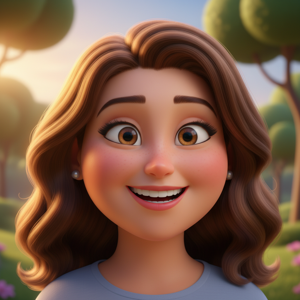 AI photo cartoonizer transformation result — woman portrait turned into a Pixar-style 3D cartoon with rounded soft features, warm cinematic lighting, expressive eyes, polished animated movie quality