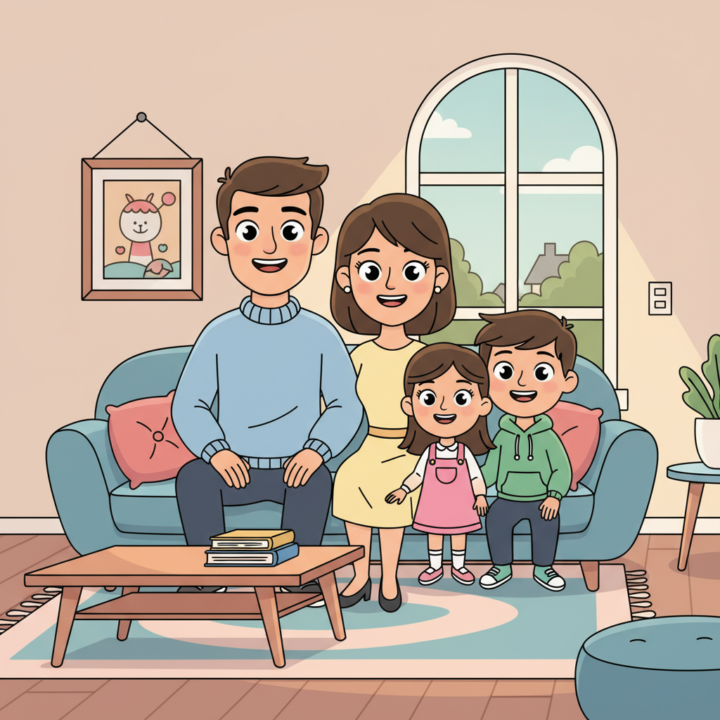 AI photo cartoonizer output — family of four photo turned into modern 2D Disney channel cartoon style with clean outlines, flat pastel colors, friendly smiling expressions in living room scene
