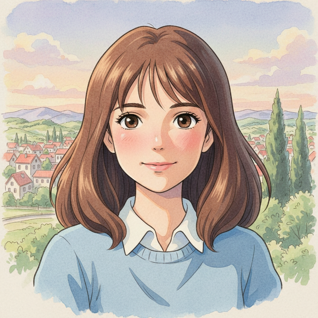 AI photo cartoonizer result — selfie turned into Studio Ghibli anime style with soft hand-painted backgrounds, dreamy pastel sky, expressive large anime eyes, watercolor texture