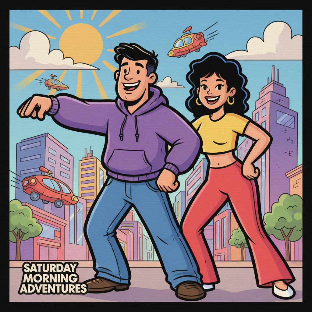 AI photo cartoonizer output — couple photo turned into vintage 1990s Saturday morning cartoon with thick bold black outlines, flat saturated cel-shaded colors, vibrant city background