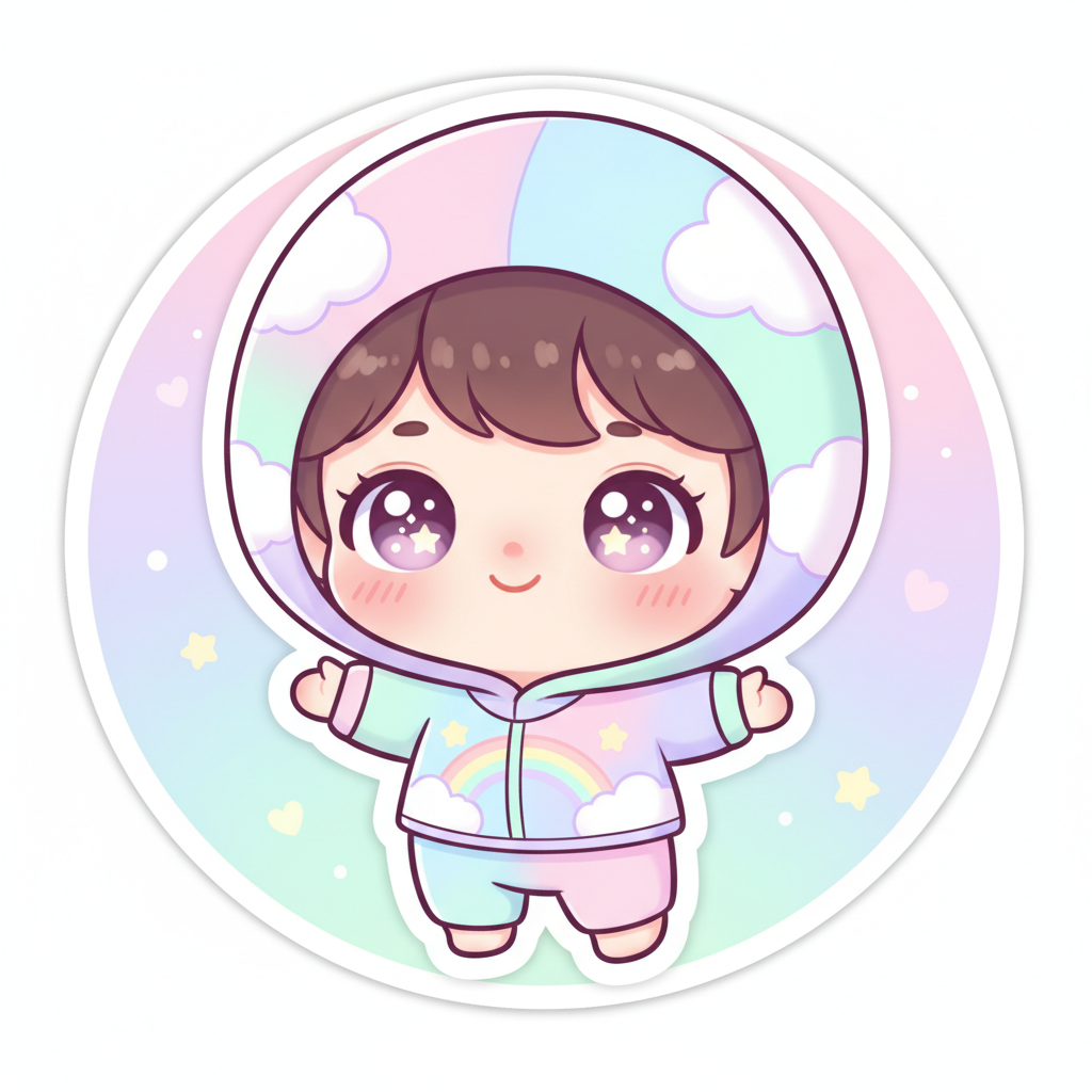 AI photo cartoonizer result — kid portrait turned into adorable kawaii chibi cartoon with oversized rounded head, sparkling eyes, pastel cotton candy palette, soft blushing cheeks