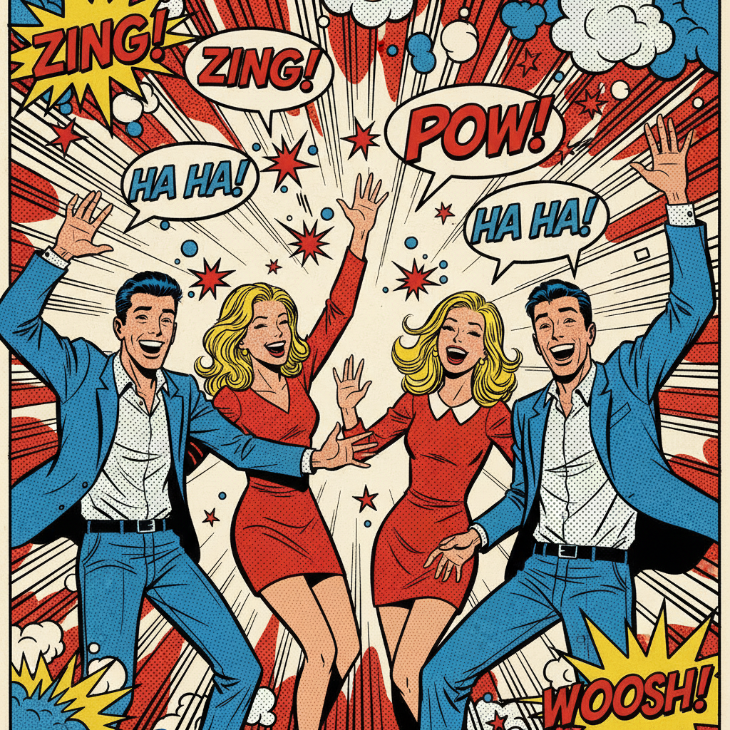 AI photo cartoonizer output — friends group photo turned into classic American comic book panel style with halftone dot shading, bold pop art primary colors, thick inked outlines, kinetic action background