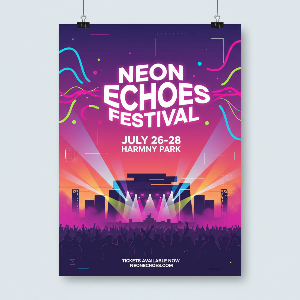 AI event poster designer output of a vibrant music festival poster with neon waves, gradient sunset purple-pink-orange background and bold modern typography