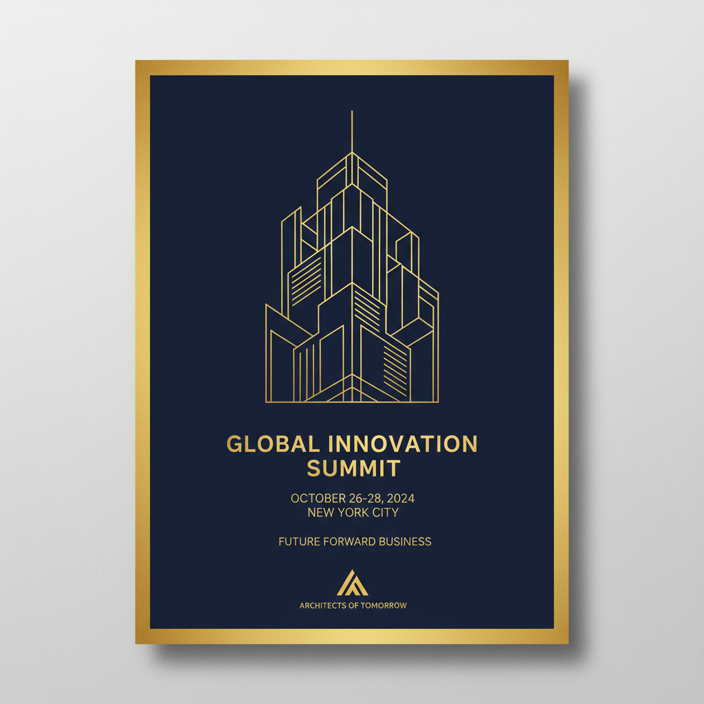 AI event poster designer output of an elegant corporate conference poster with deep navy and gold palette, minimalist sans-serif typography and abstract geometric architecture motif