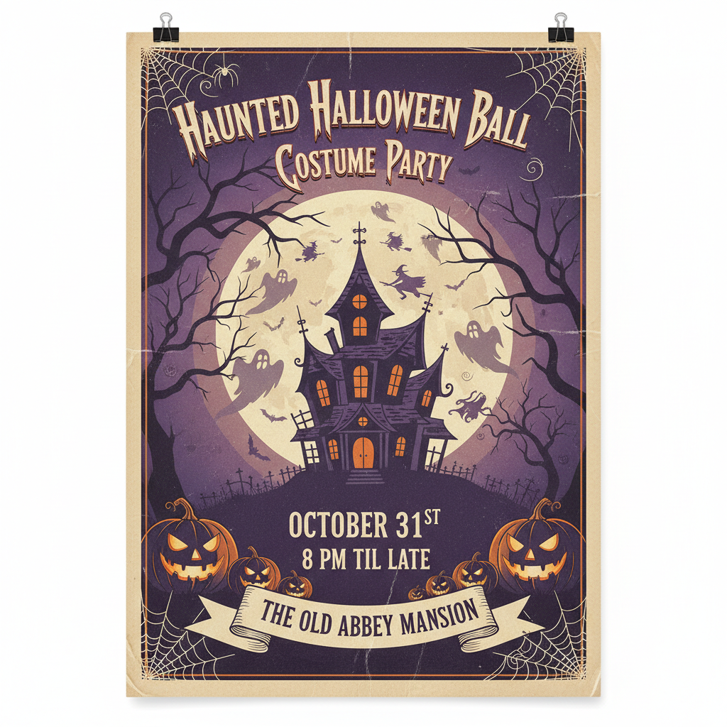 AI event poster designer output of a Halloween costume party poster with spooky purple and orange palette, ghostly silhouettes, full moon and vintage horror typography
