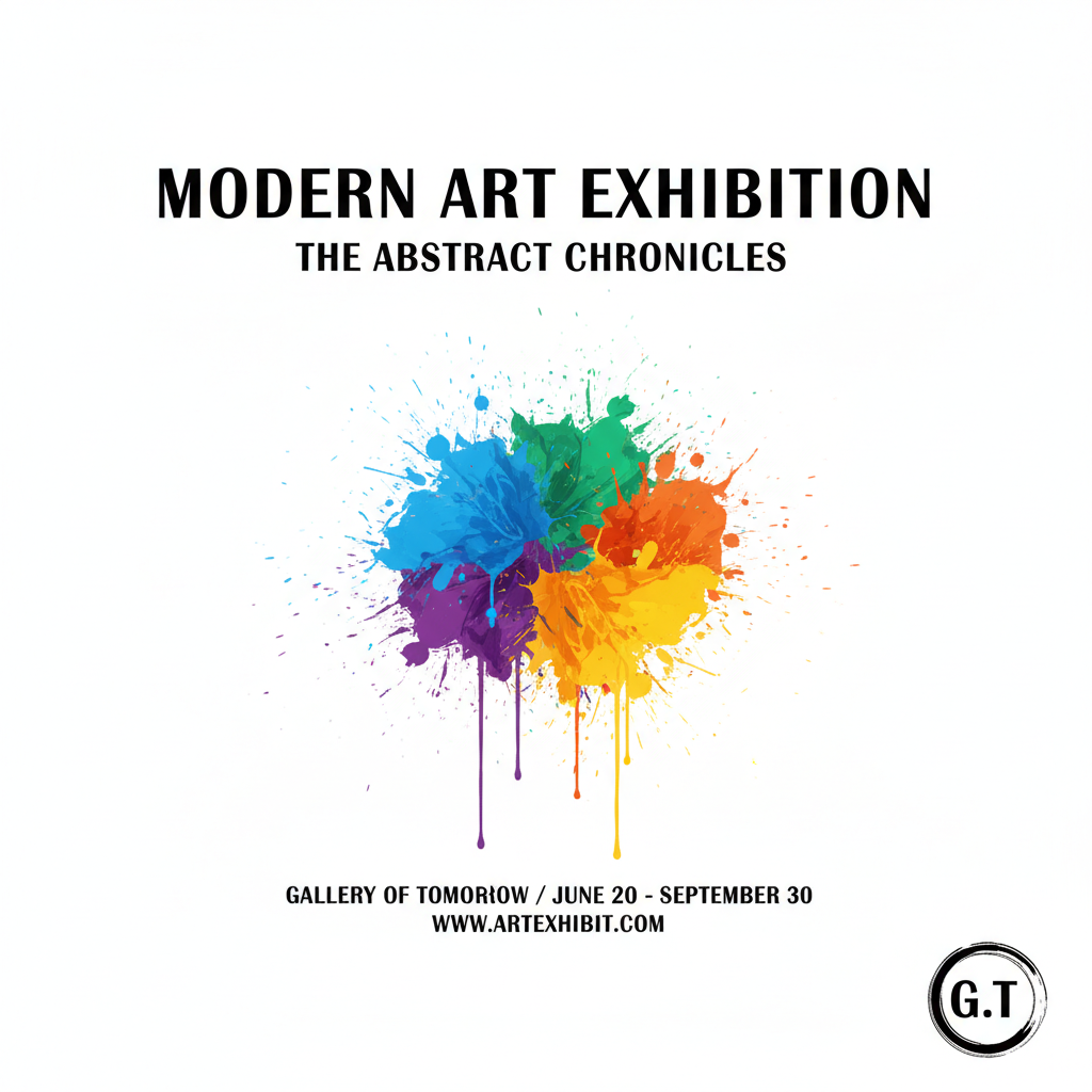 AI event poster designer output of a modern art exhibition gallery poster with abstract paint splash, bold serif typography and museum-quality minimalist layout