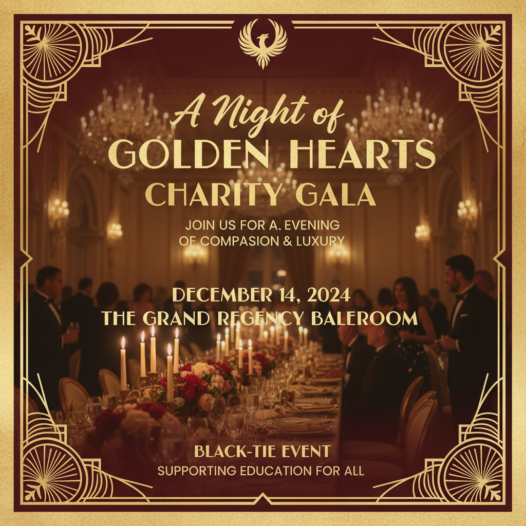 AI event poster designer output of a charity fundraiser gala poster with gold and burgundy aesthetic, art deco border ornaments and refined script typography