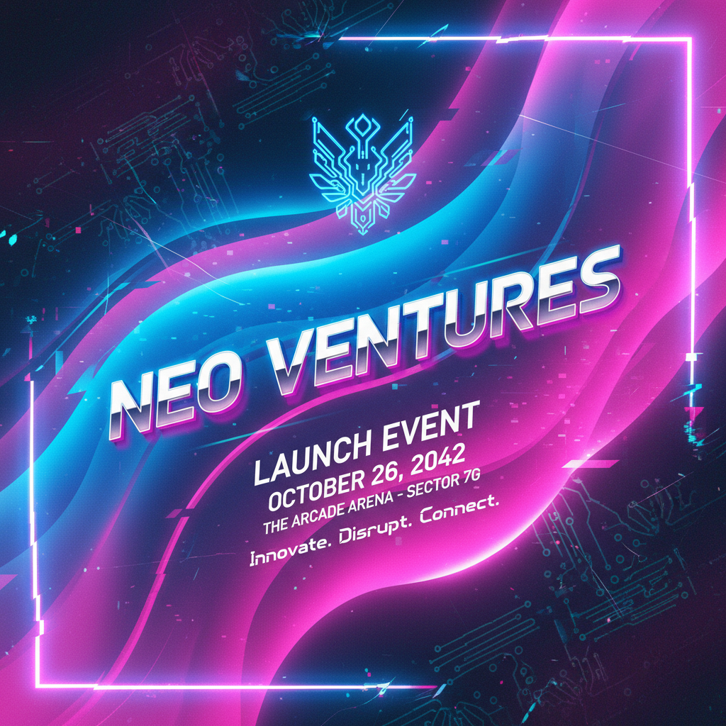 AI event poster designer output of a tech startup launch event poster with cyberpunk neon aesthetic, electric blue and magenta gradient and futuristic 3D typography