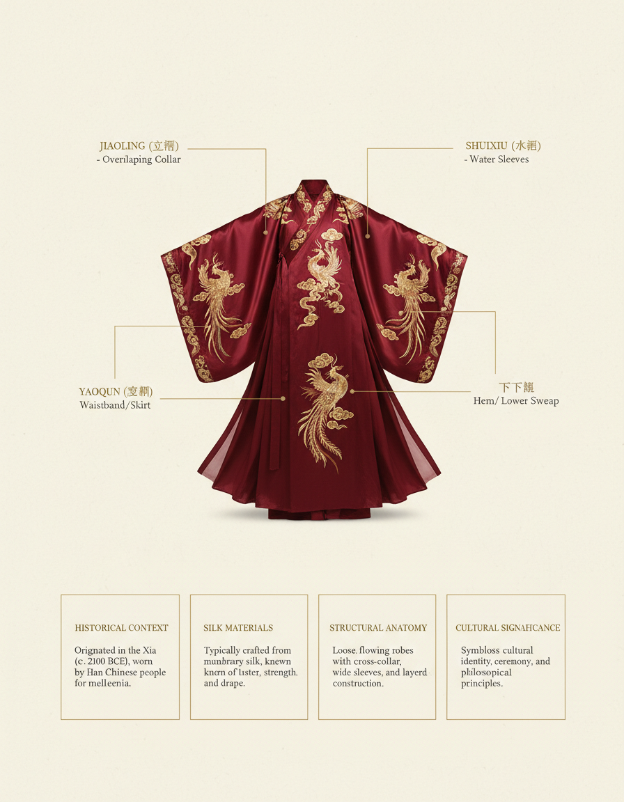 AI infographic generator output — museum-style breakdown infographic of a traditional Chinese Hanfu garment with annotated callouts for collar, sleeves, waistband, hem on cream parchment background