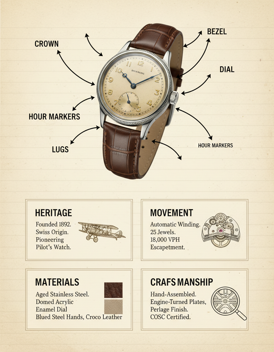AI infographic generator output — museum breakdown infographic of a vintage mechanical wristwatch with annotated callouts for crown, bezel, dial, hour markers, lugs on ivory background