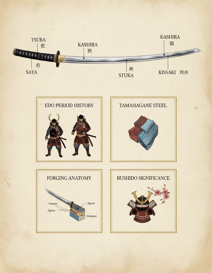AI infographic generator output — museum-style breakdown infographic of an ornate samurai katana with annotated callouts for tsuba, kashira, tsuka, saya, kissaki on parchment