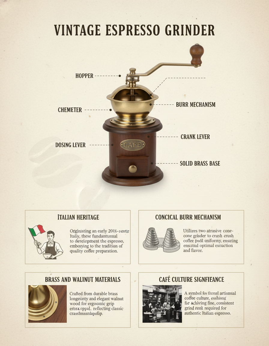 AI infographic generator output — museum-style breakdown infographic of a vintage espresso coffee grinder with annotated callouts for hopper, burr, dosing chamber, lever on cream background