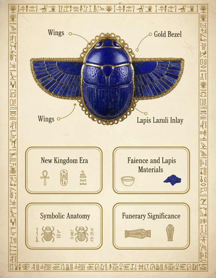AI infographic generator output — museum-style breakdown infographic of an ancient Egyptian scarab amulet with annotated callouts for wings, hieroglyphs, lapis lazuli inlay, gold bezel on parchment