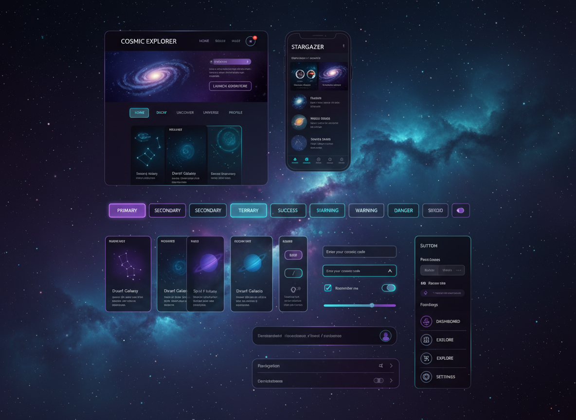 AI UI design system output — cosmic space theme with nebula gradient backgrounds, glowing purple and cyan buttons, mobile and desktop mockups, navigation patterns generated with GPT Image 2 Pro
