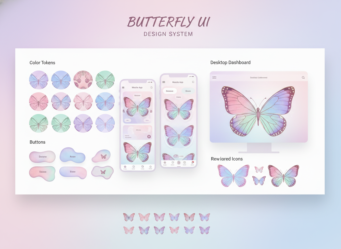 AI UI design system output — butterfly themed style guide with wing pattern color tokens, organic flowing buttons, ornate cards, and pink-blue gradient mobile screens