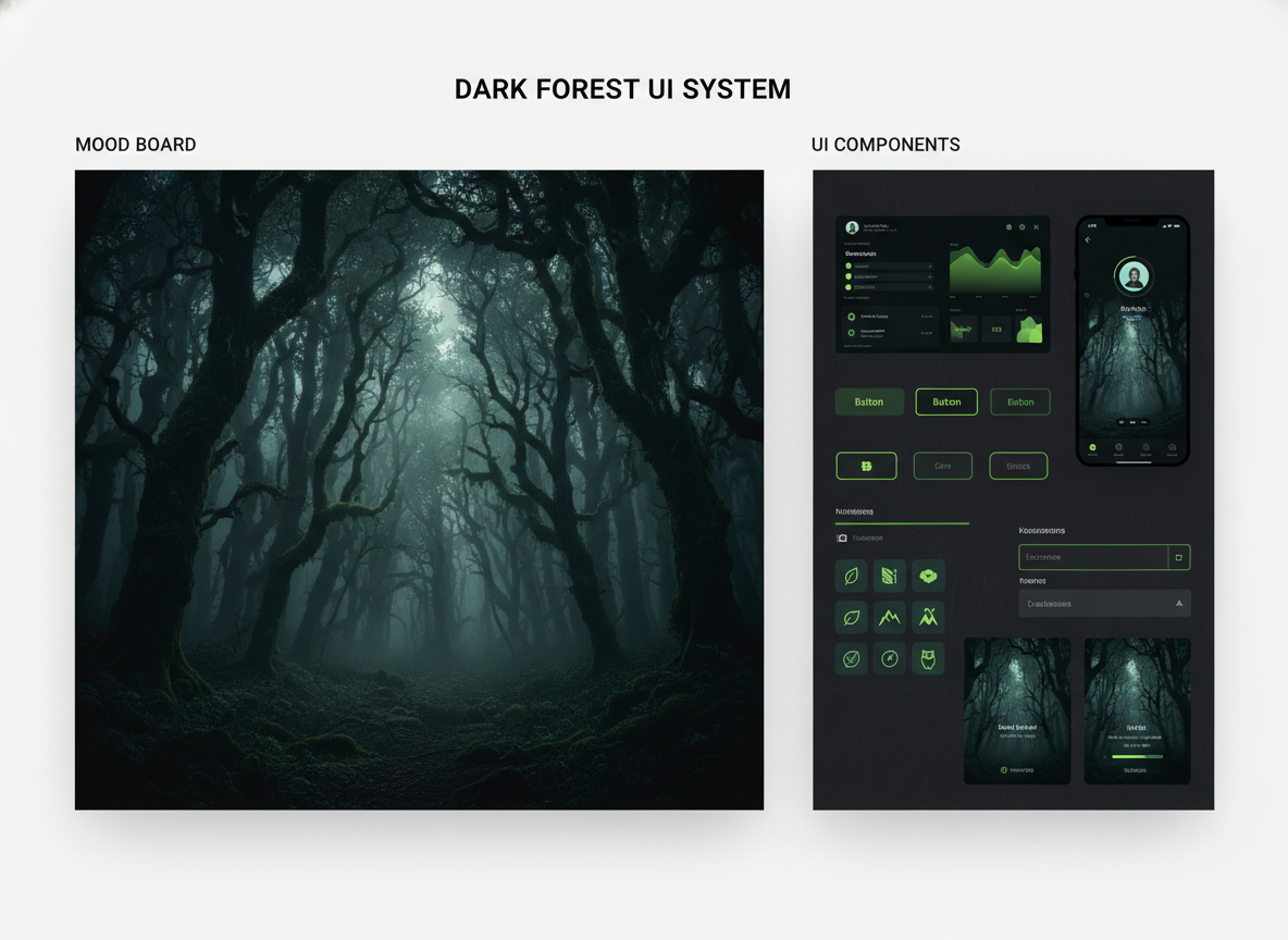 AI UI design system output — style-to-UI workflow showing a dark forest mood board on the left and derived dark-forest themed dashboard, mobile app, buttons, cards, and icons on the right