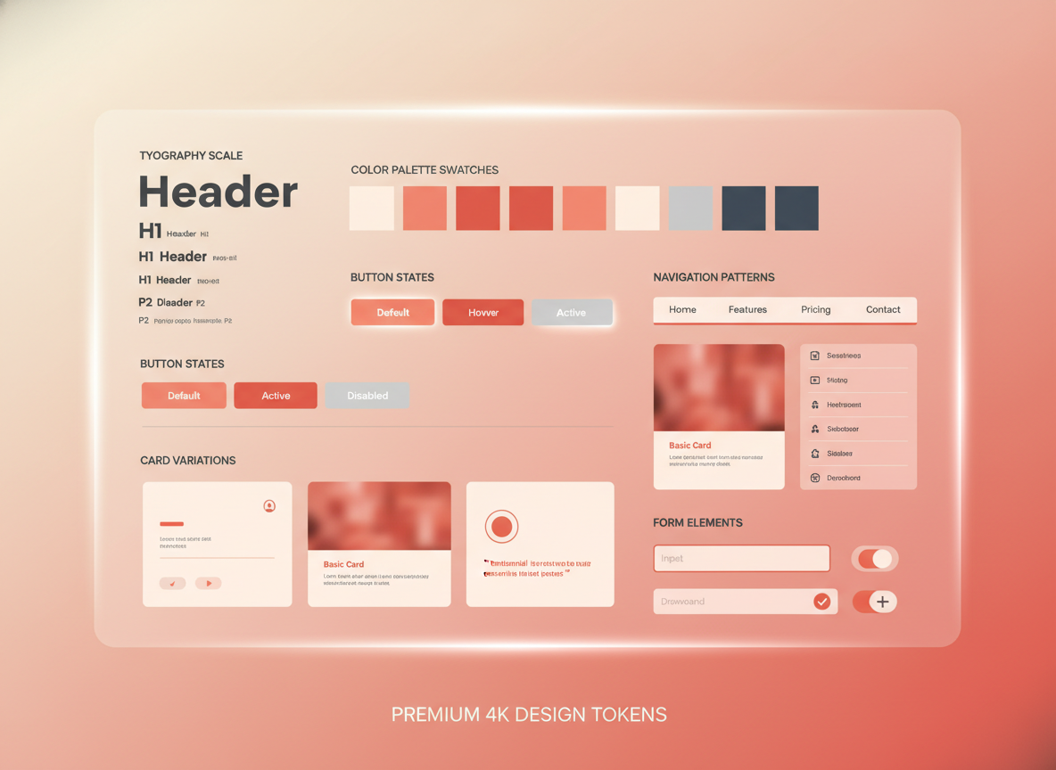 AI UI design system output — minimalist gradient design tokens grid with typography scale, peach and coral color swatches, button states, card variations, form elements, and navigation patterns