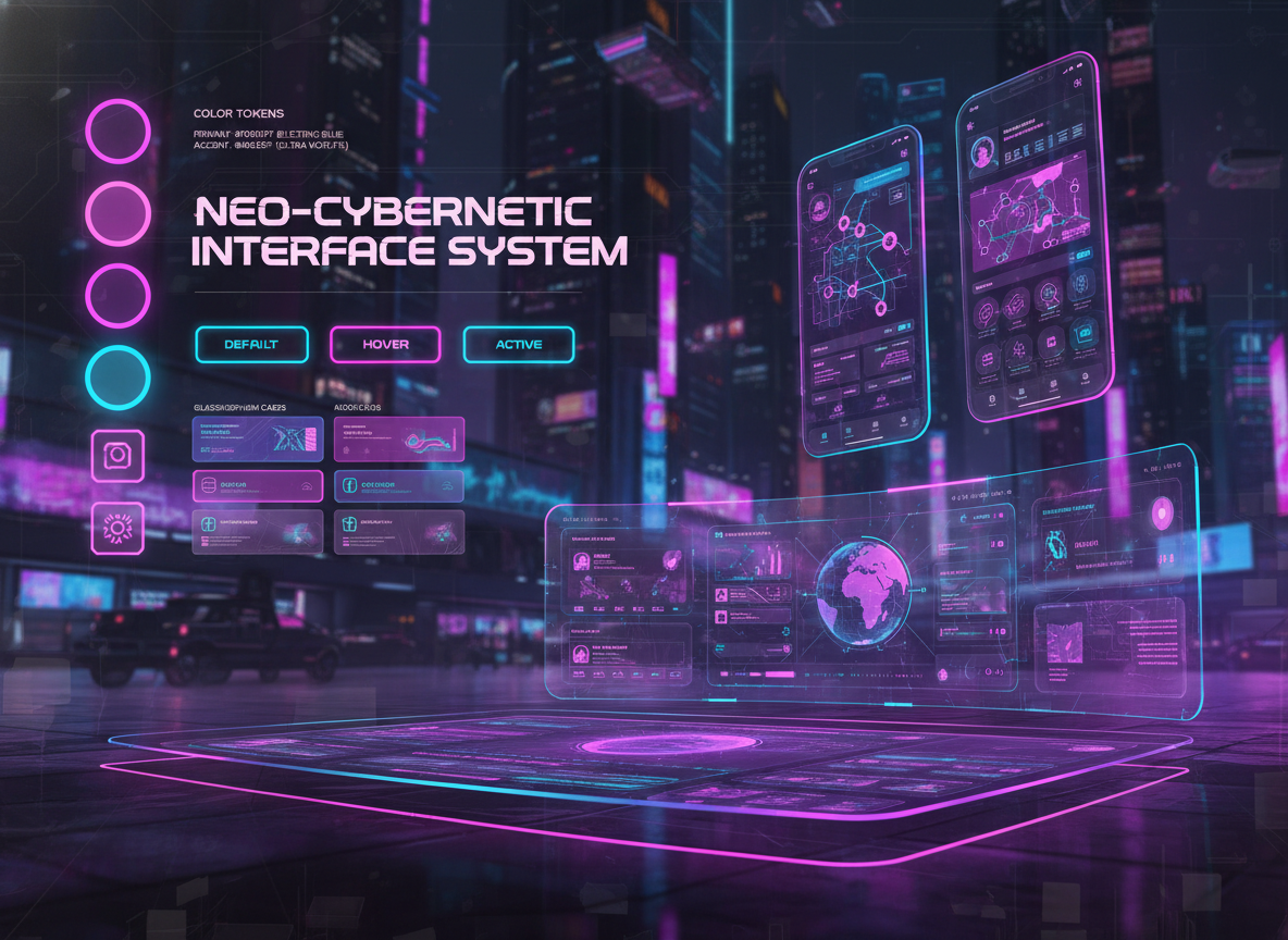 AI UI design system output — cyberpunk themed UI poster with neon pink and electric blue color tokens, glowing button states, glassmorphism cards, holographic mobile interfaces, and desktop dashboard