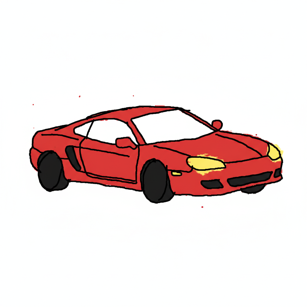 AI MS Paint pathetic redraw of a red sports car — wonky lopsided car drawn in MS Paint mouse-scribble style, vaguely recognisable but hilariously bad