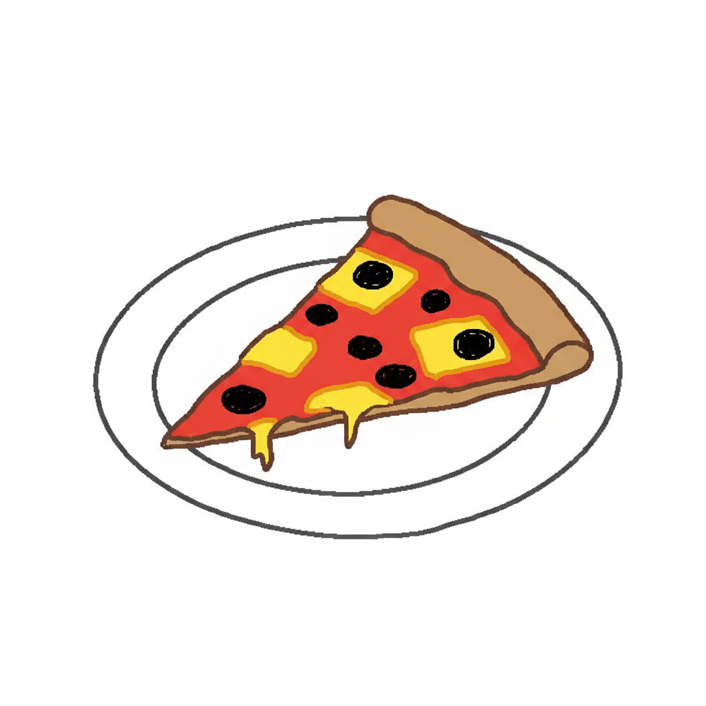 AI MS Paint pathetic redraw of a pizza slice — flat orange triangle with messy circle pepperoni, drawn with clumsy mouse-scribble lines on white background