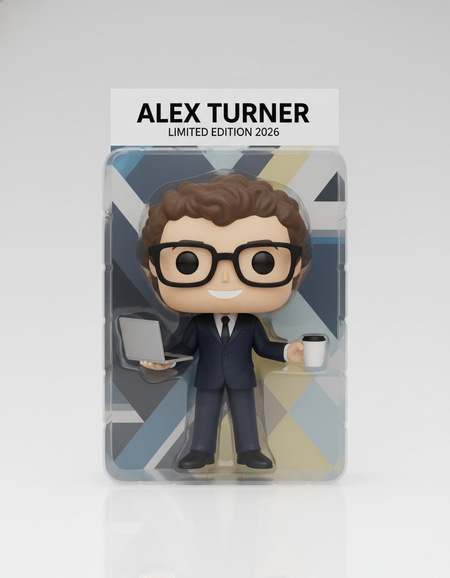 AI action figure of a smiling man with glasses rendered as a Funko POP-style collectible sealed inside a premium blister pack with custom ALEX TURNER branding and laptop plus coffee accessories — generated by GPT Image 2
