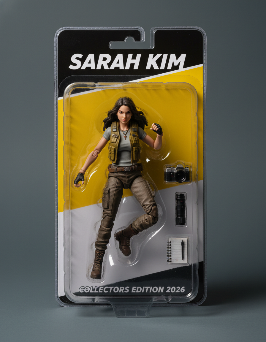 AI action figure of a confident young woman with long dark hair sealed in a yellow and black blister pack collector edition with camera and notebook accessories — Funko POP-style AI toy by GPT Image 2