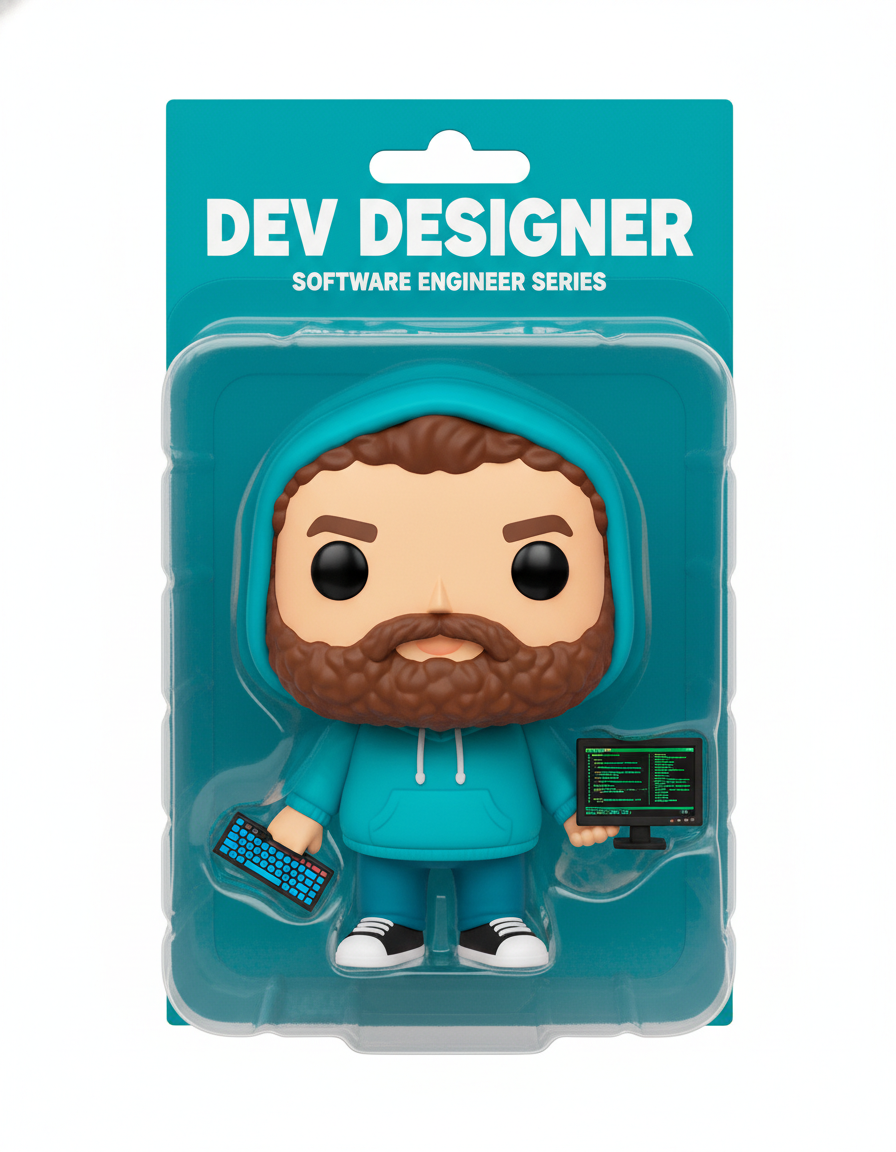 AI action figure of a bearded man in a hoodie rendered as a Funko POP chibi software engineer series collectible with mechanical keyboard and monitor accessories in a teal blister pack — GPT Image 2 generated