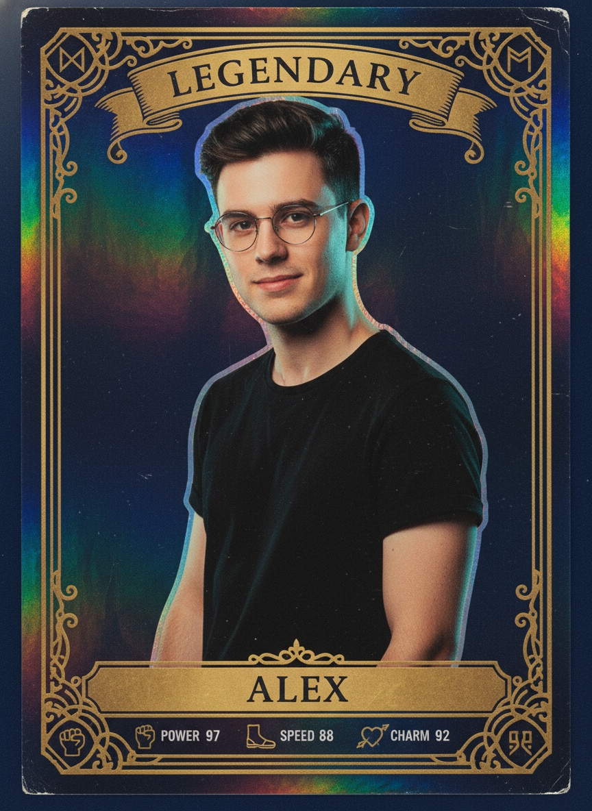 AI trading card of a confident young man with short dark hair and wireframe glasses rendered as a Legendary holographic Pokémon-style collectible card with ornate gold filigree border, embossed foil LEGENDARY banner, and Power 97 / Speed 88 / Charm 92 stat panel — generated by GPT Image 2