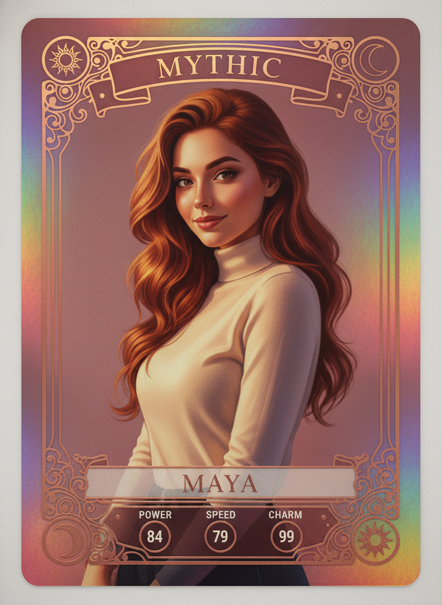 AI trading card of a stylish young woman with wavy auburn hair rendered as a Mythic rose-gold holographic collectible card with celestial sun-and-moon rune icons, embossed foil MYTHIC banner, and Charm-99 stat panel — Pokémon-style AI trading card by GPT Image 2