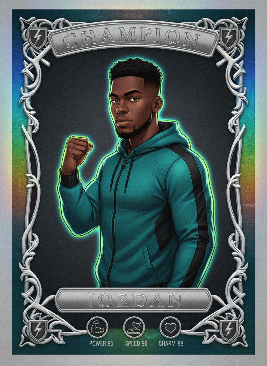 AI trading card of a fit young Black man with a clean fade and trimmed beard in an athletic fist-raised pose rendered as a Champion platinum-silver holographic collectible card with lightning-bolt rune icons, embossed foil CHAMPION banner, and Power 95 / Speed 96 stat panel — AI holographic trading card generator