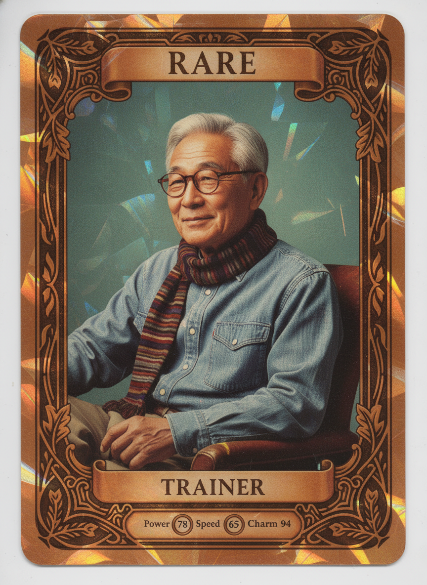 AI trading card of a friendly older Asian man with grey hair and rounded glasses rendered as a Rare vintage 1990s-style copper-bronze holographic collectible card with leaf and feather rune icons, embossed foil RARE banner, and TRAINER name plate — AI trading card maker