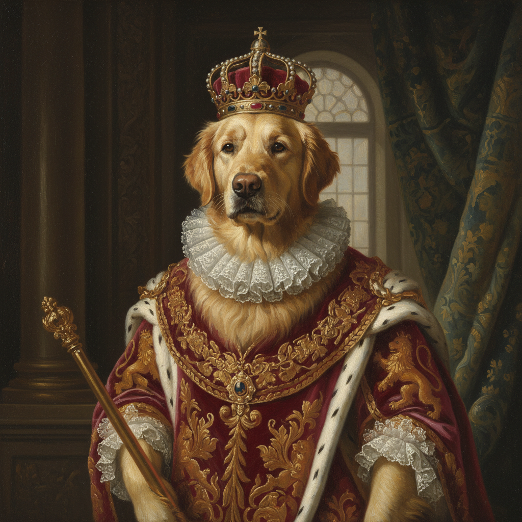 AI pet portrait of a noble golden retriever rendered as a regal Renaissance royal oil painting wearing a red velvet robe with gold embroidery, a jeweled crown, and a lace collar against a baroque palace backdrop — generated by GPT Image 2