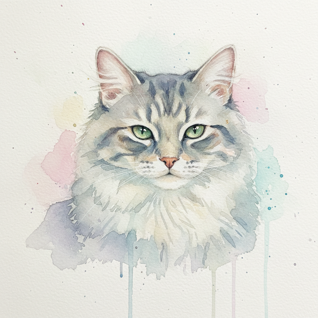 AI pet portrait of a fluffy grey tabby cat painted in soft delicate watercolor with pastel washes, loose brushwork, and a dreamy light background — hand-painted watercolour pet portrait by GPT Image 2