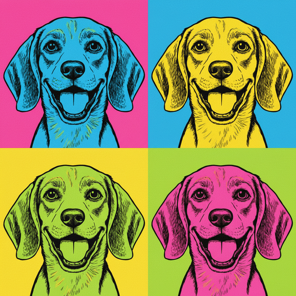 AI pet portrait of a happy beagle dog in bold Andy Warhol pop art style with four-quadrant neon color blocks, high contrast screen-print aesthetic, and thick graphic outlines — pop-art pet portrait generator by GPT Image 2