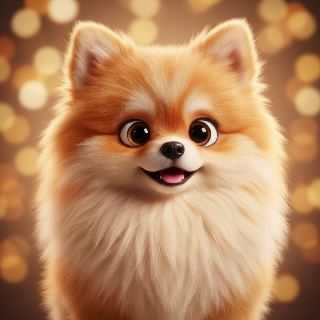 AI pet portrait of a fluffy Pomeranian dog rendered as a Pixar-style 3D animated character with huge expressive eyes, glossy fur, soft cinematic lighting, and a warm bokeh background — 3D animated pet portrait by GPT Image 2