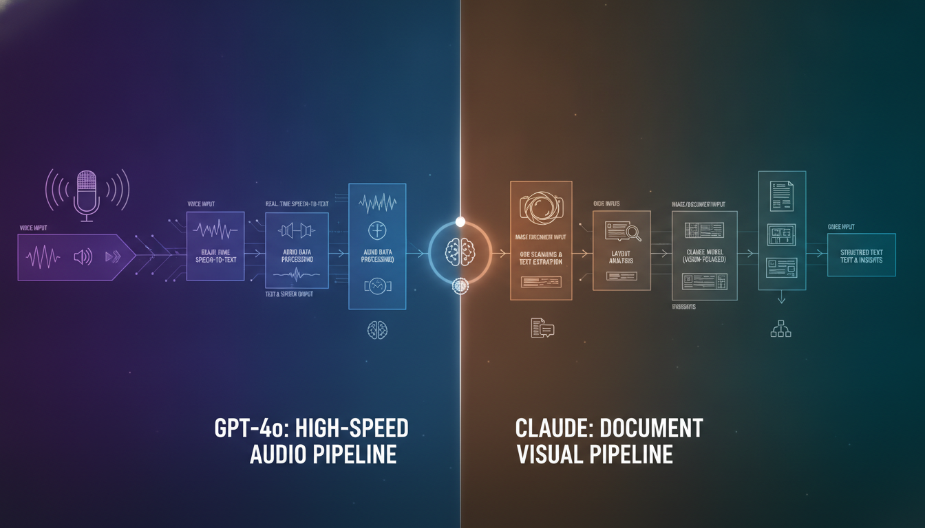 A conceptual infographic showing a high-speed audio waveform pipeline for GPT-4o on one side, and a document-scanning, OCR-focused visual pipeline for Claude on the other. Use contrasting imagery: a m