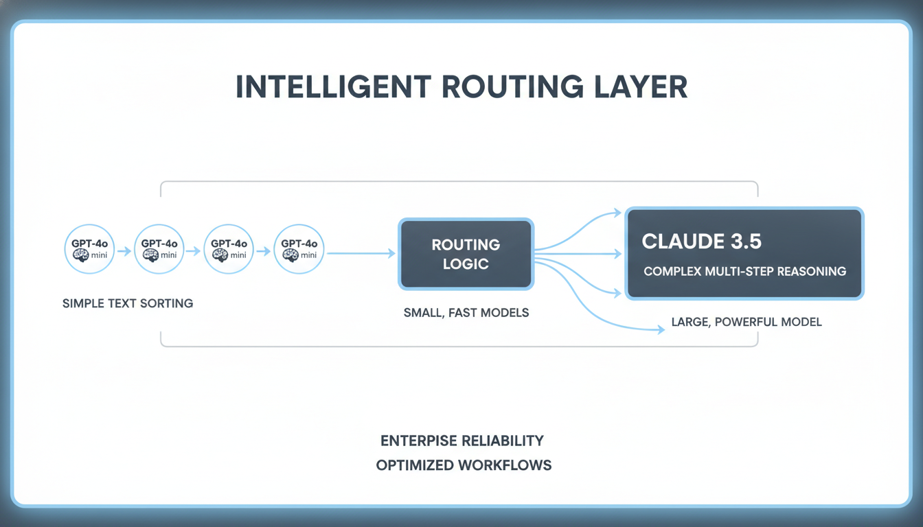 A clean, professional network architecture diagram showing an Intelligent Routing Layer. Small icons of GPT-4o mini handle simple text sorting, with arrows directing complex multi-step reasoning tasks